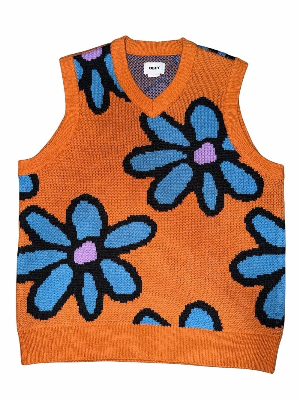 OBEY Men’s floral sweater vest size small wool orange blue purple hippie